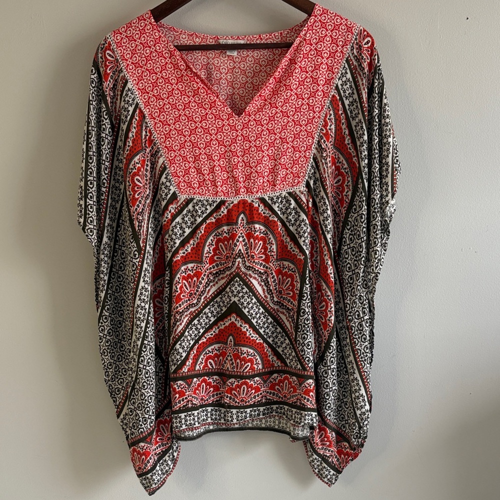 Cato‎ Plus Size Boho Tunic Top 18/20W Red Black Flowy Batwing Sleeve